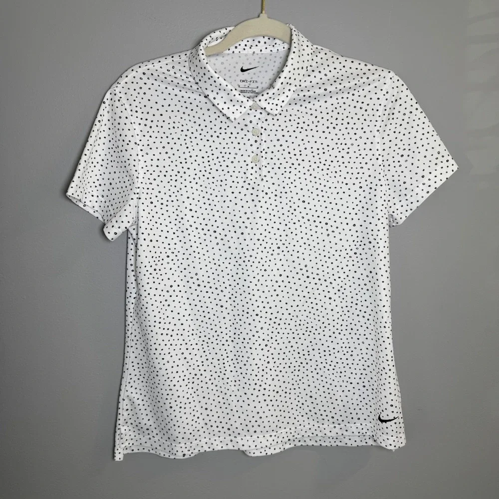 Nike Womens Dri-FIT Polka Dot Golf Polo Shirt White Black Size M Short Sleeve